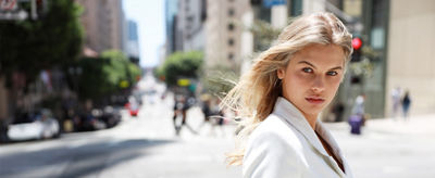 model crossing the street